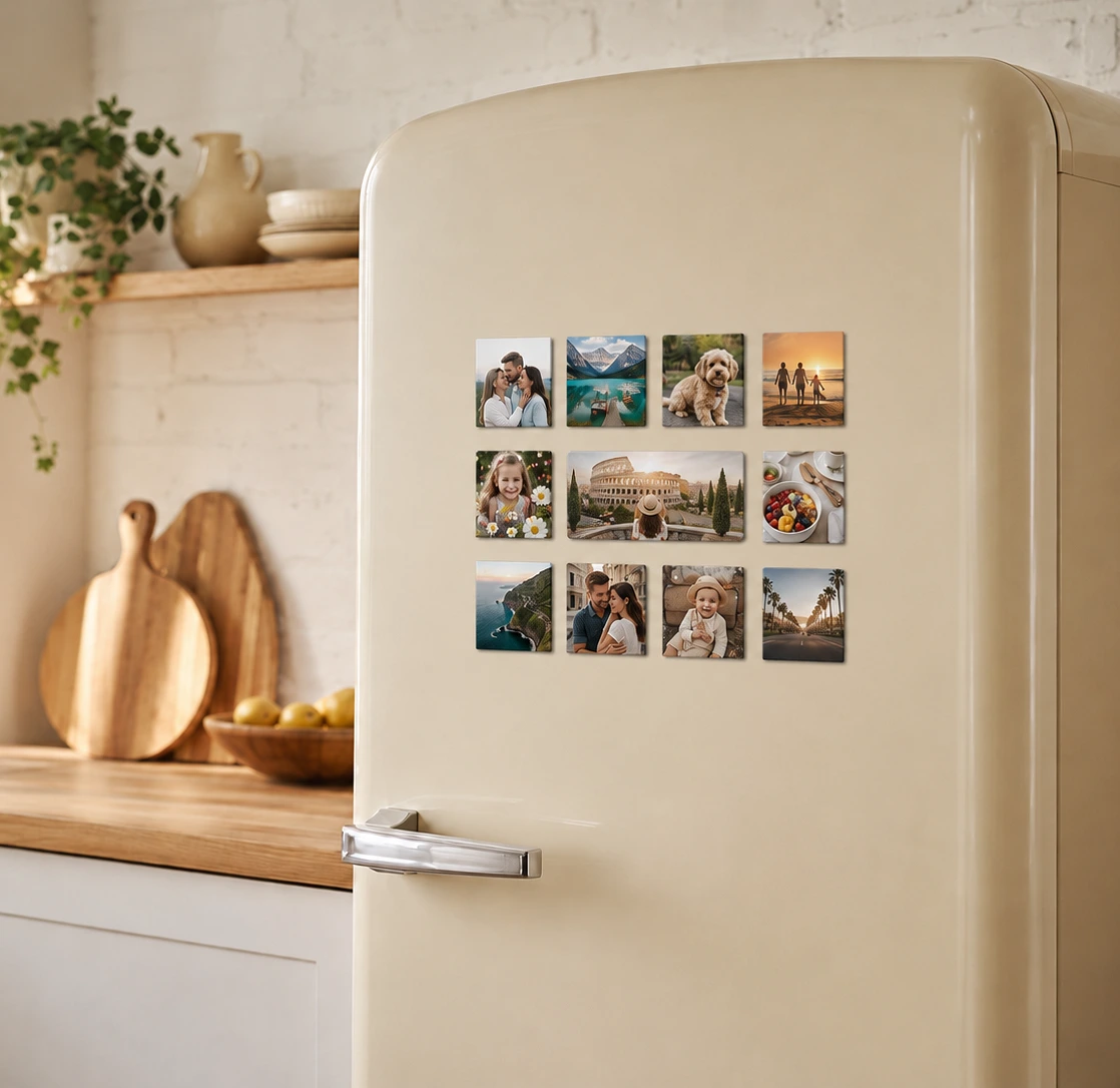 Pêle-mêle de magnets photo personnalisés sur un frigo